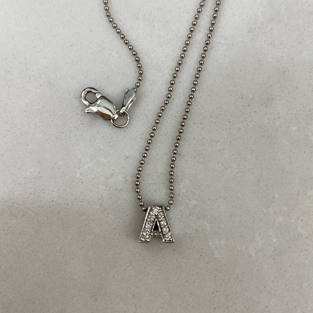 14K White gold and Pave diamond “A” necklace